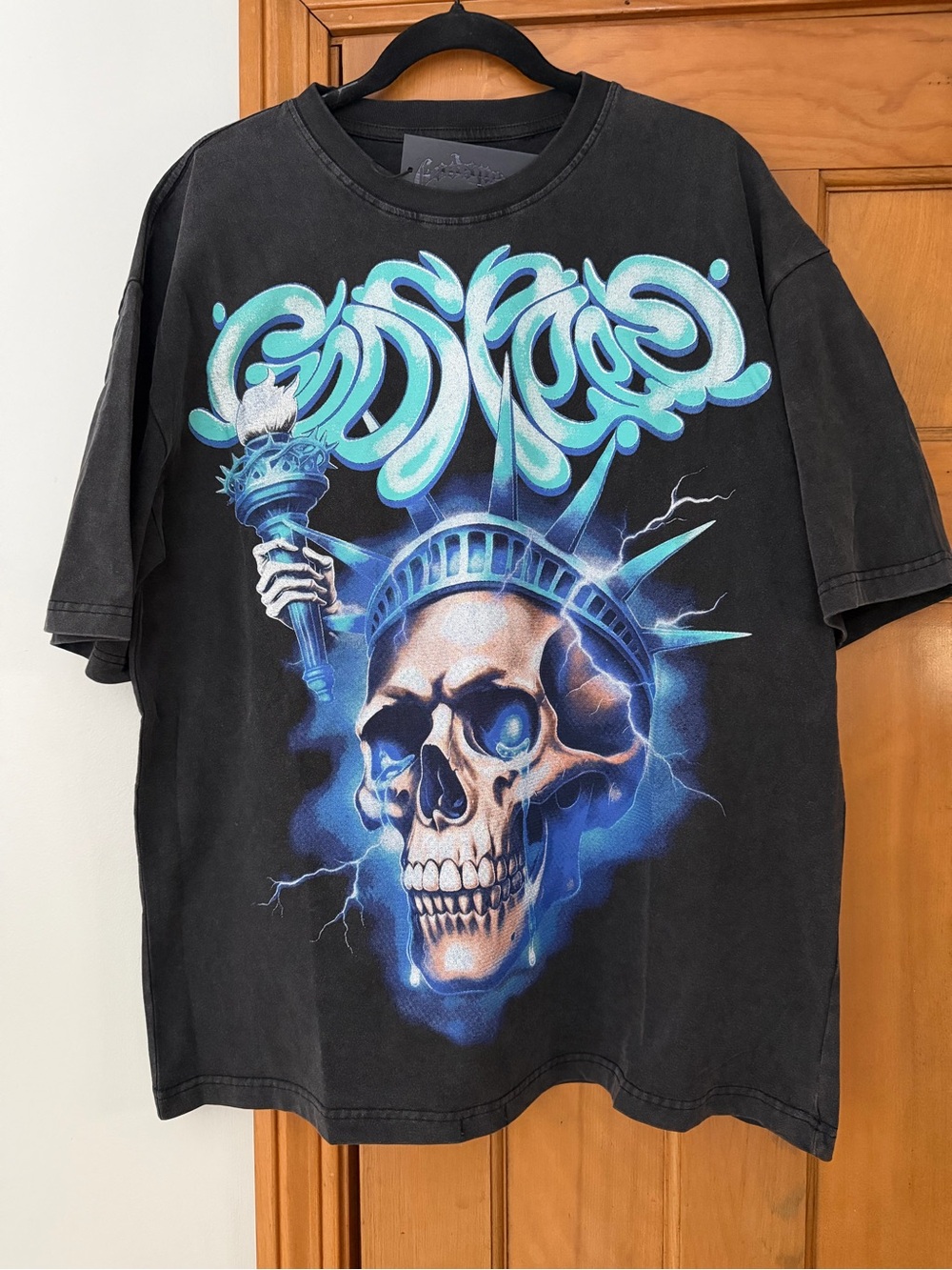 Mens God Speed shirt Skull Statue Graphic Tee - Black/Blue
